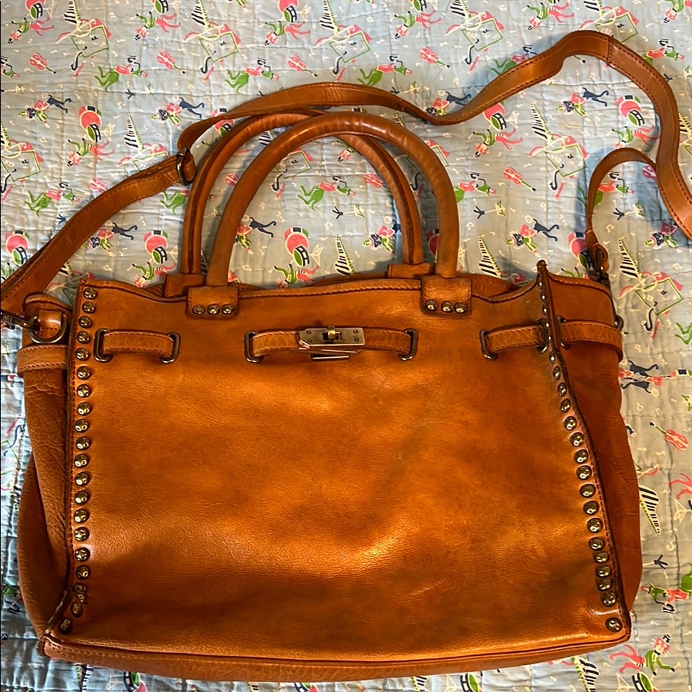 Studded Tan Leather Handbag